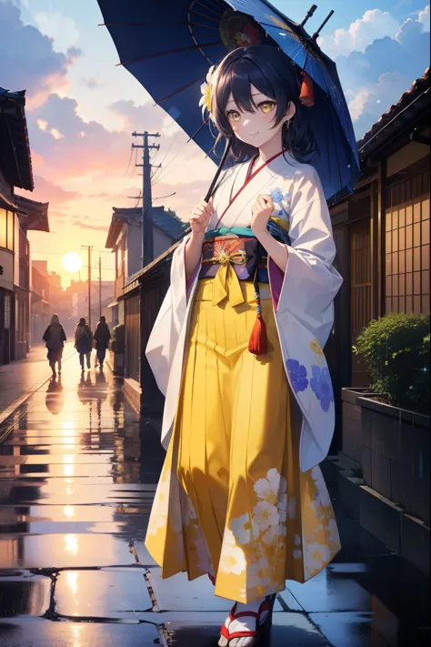 Kamisonoda, Umi Sonoda, long hair, blue hair, (yellow eyes:1.5) (flat chest:1.2),smile,flower hair ornament,Blue floral pattern ...