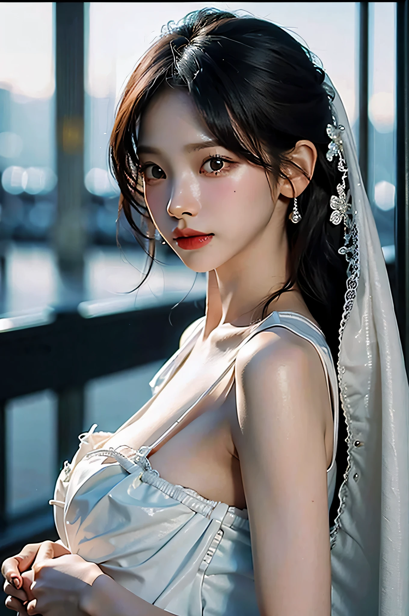 (highest image quality), (masterpiece), (vibrant, photography realistic, Realistic, Dramatic, Dark, Sharp focus, 8K), Close up Face, Highly detailed face and skin texture, wedding dress, ethereal beauty, mature asian woman,long hair, make up, sexy smile, nsfw ,Close up shot, ((backlight))