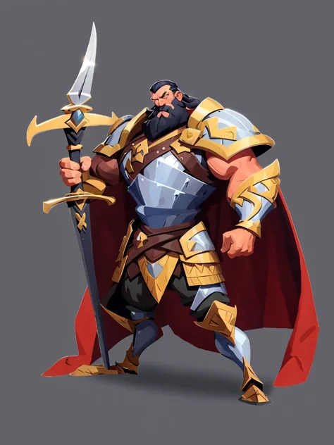 concept art, european cartoon, game character design, ((full body)), 1 man, solo, black beard, detail, eyes, eyes, mature male, male focus, beard, armor, muscular man, full body, black hair, short hair , muscular, old, middle-aged man, strong, red cloak, s...
