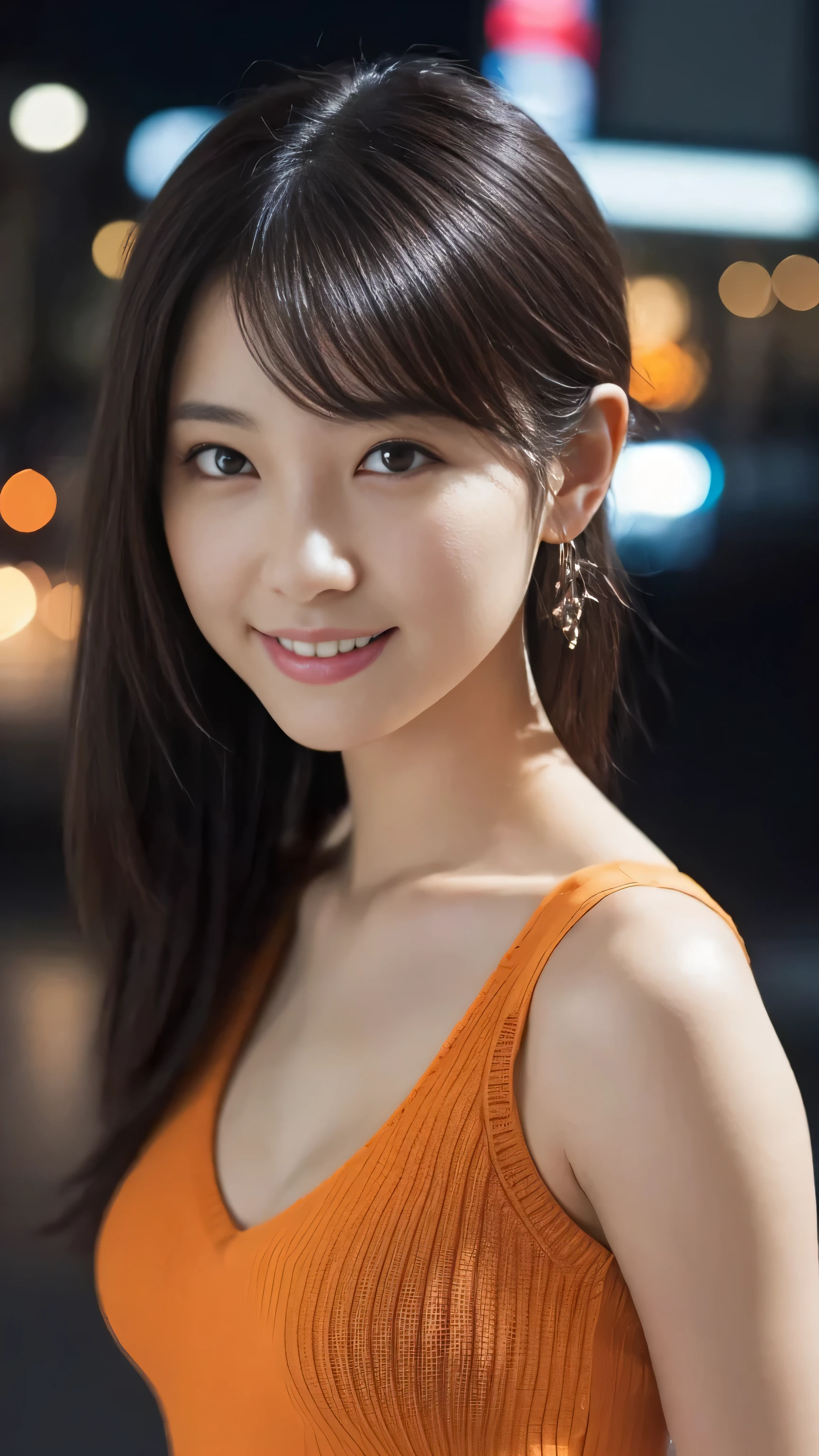 1 girl, (wearing an orange knit dress:1.2), (RAW photo, highest quality), (realistic, Photoreal:1.4), table top, very delicate and beautiful, very detailed, 2k wallpaper, wonderful, finely, Very detailed CG Unity 8k 壁紙, Super detailed, High resolution, soft light, beautiful detailed girl, very detailed目と顔, beautifully detailed nose, beautiful and detailed eyes, cinematic lighting, night city lights, perfect anatomy, slender body, smile, Camera-wide perspective, I&#39;looking forward to it