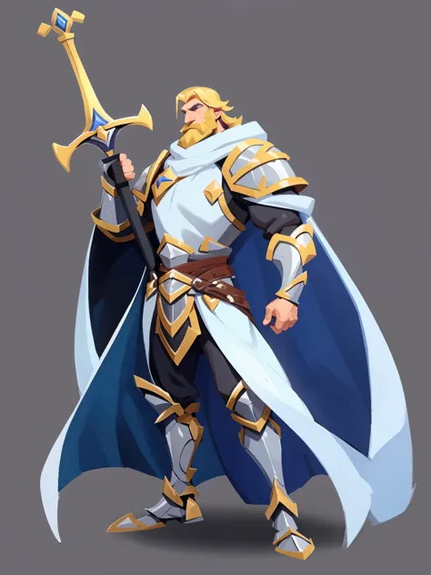 concept art, european cartoon, game character design, ((full body)), 1 person, paladin, holy knight, solo, black beard, detail, blue eyes, mature male, male focus, beard, armor, thin, assassin , full body, blond hair, lean and muscular, middle-aged man, st...