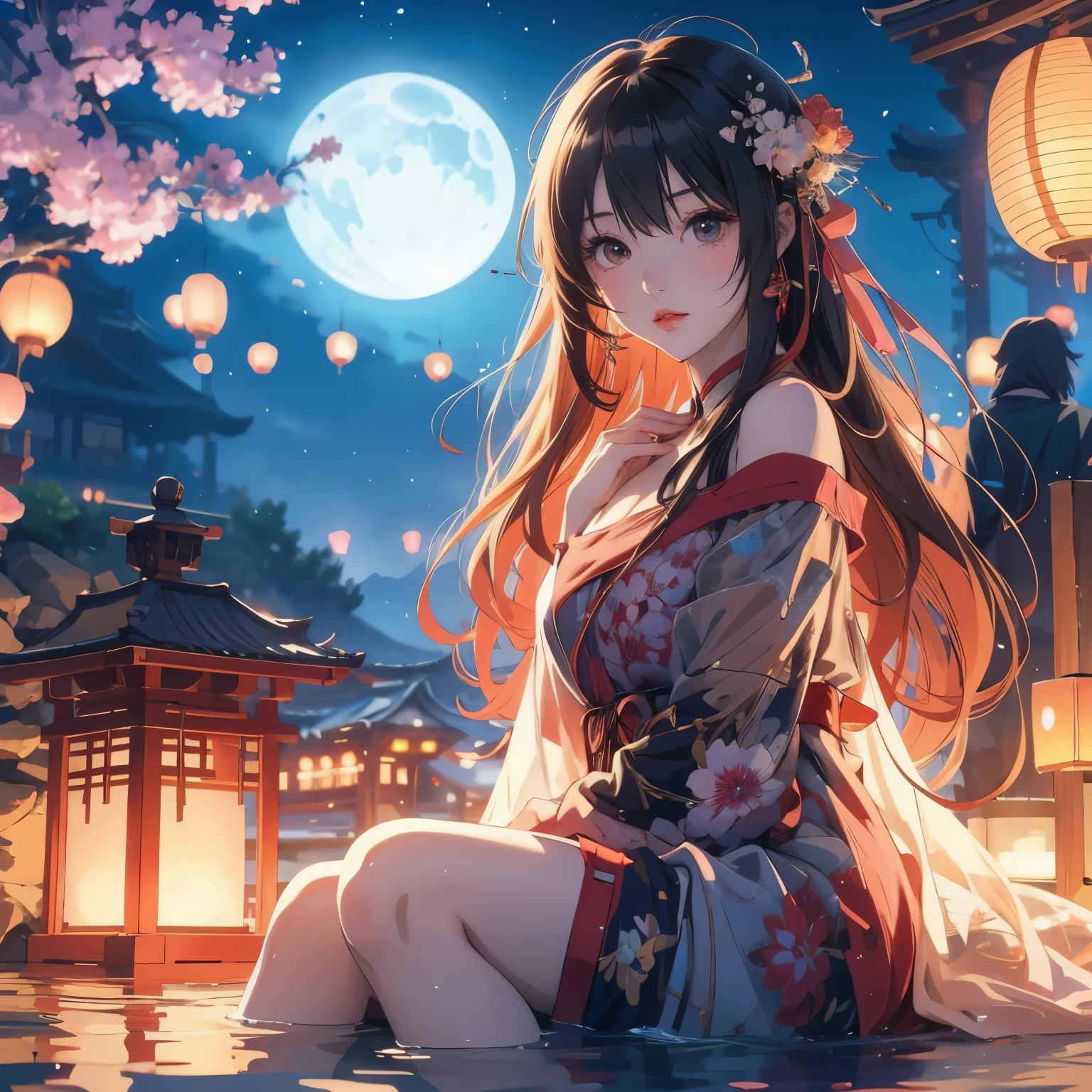 Anime girl sitting in the water，Lanterns and lanterns in the background, anime style 4k, Anime Art Wallpaper 4k, anime art wallpaper 4k, anime wallpaper 4k, anime wallpaper 4k, anime art wallpaper 8k, 4k anime wallpaper, night nucleus, Beautiful anime girl, Beautiful anime, anime girl desktop background, anime background, HD anime wallpaper, anime pictures