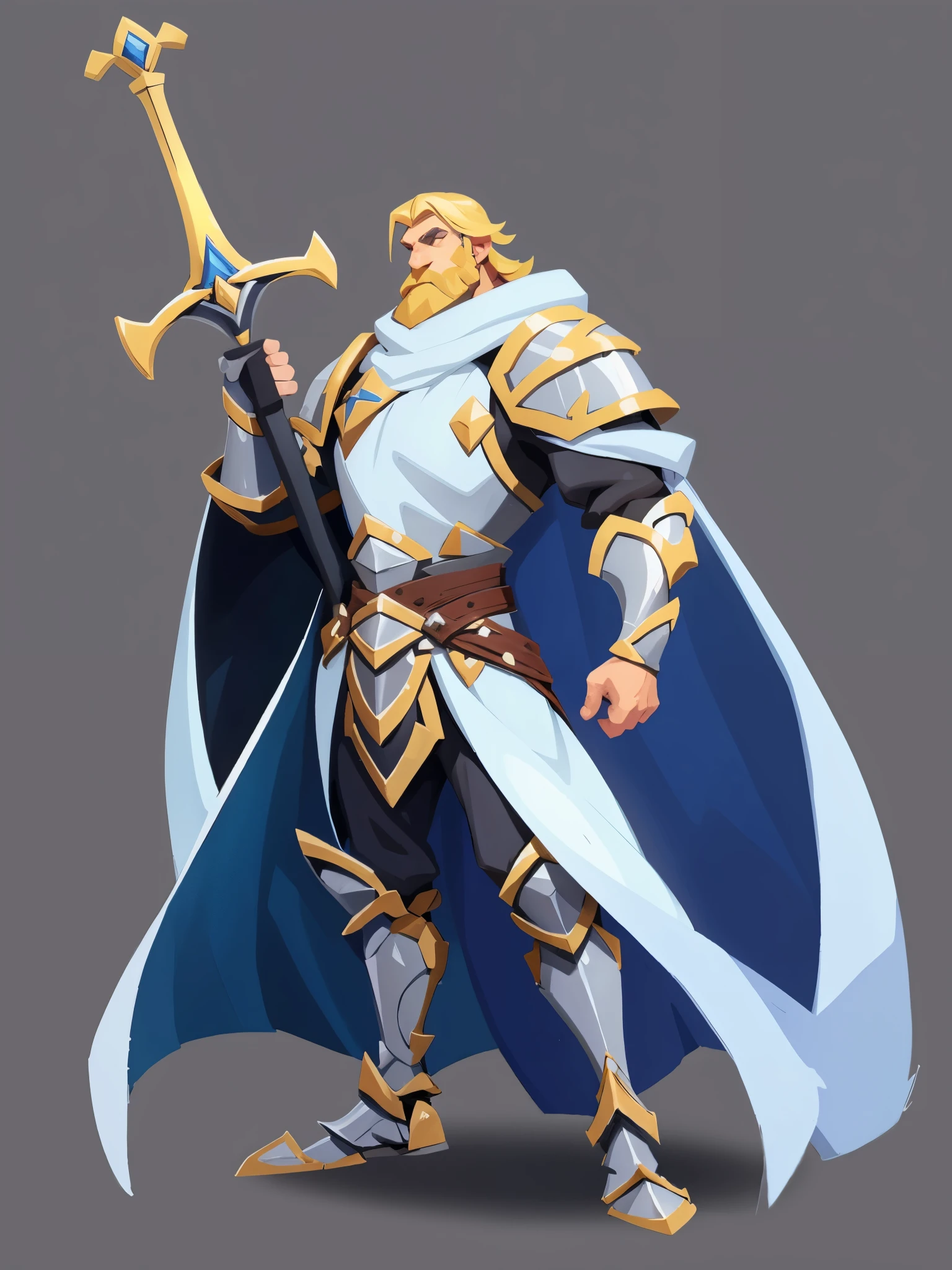 concept art, european cartoon, game character design, ((full body)), 1 person, paladin, holy knight, solo, black beard, detail, blue eyes, mature male, male focus, beard, armor, thin, assassin , full body, blond hair, lean and muscular, middle-aged man, strong, white cloak, shoulder armor, breastplate, standing, dark hair, holding a big sword, a huge sword,