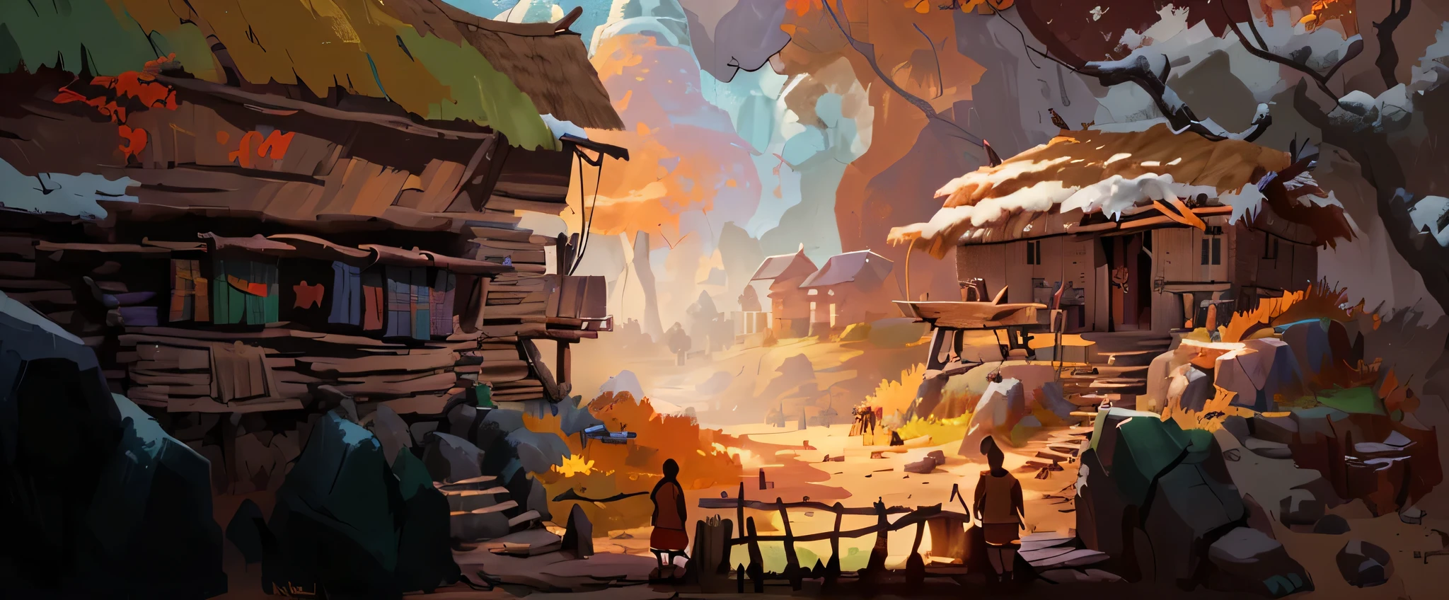 tribe，rural civilization，tribe建筑，hut，tree structure house，There is human civilization，colorful，game concept art，scene concept art，game scene，virtual engine rendering，ambient light，depth of field，warm color，official art