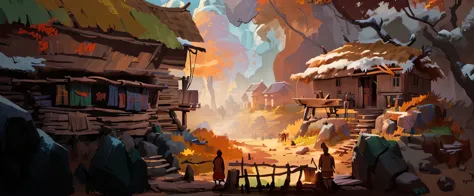 tribe，rural civilization，tribe建筑，hut，tree structure house，There is human civilization，colorful，game concept art，scene concept ar...