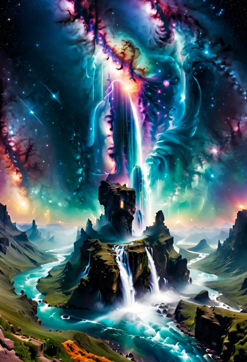 ((Aerial View))，(A supremely beautiful Creation Pillar topped with the Milky Way pouring down like a waterfall), set in a cosmic...