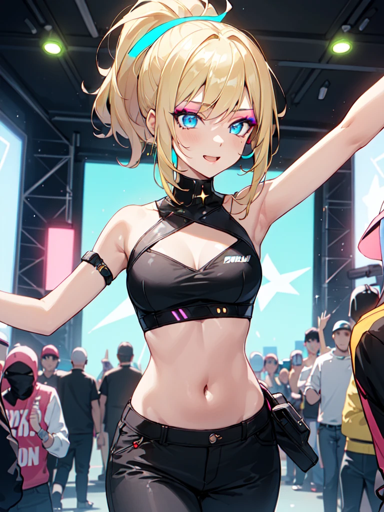 beautiful young neon extasy blonde ponytail girl (detailed face), (makeup), (detailed eyes), (detailed hair), midriff, navel, skirt, pants, hips, dancing excited at rave in hall, blue pink green yellow glow disco lights, crowd, white fluffy, starrystarscloudcolorful, cyberpunk