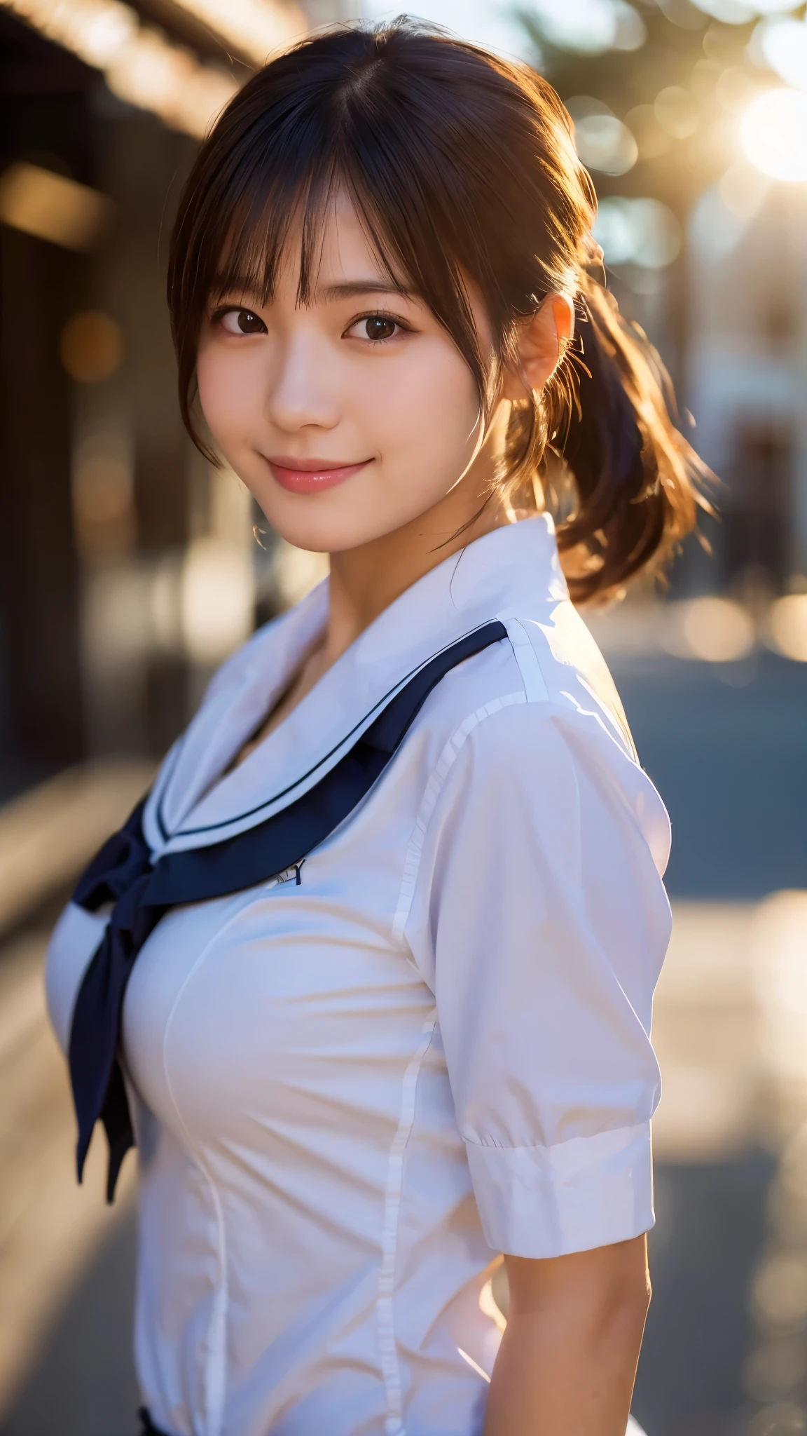 (highest quality,masterpiece:1.3,ultra high resolution),(Super detailed,caustics,8k),(photorealistic:1.4,RAW shooting),1 girl,(smile and look down at the camera),(front shot:1.1),(face forward),18-year-old,cute,Japanese,black short ponytail,,glamorous,(big boobs),( close up),(breast focus),street,sunshine,Natural light,(Backlight),(A bright light shines from behind),(Lens flare),professional writing,(cowboy shot),(low position:1.4),(Low - Angle:1.4)
