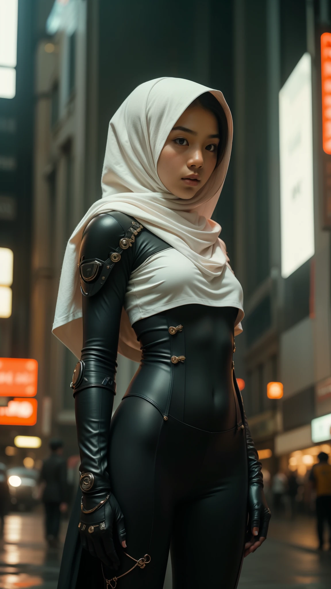 une adolescente malaise en hijab et costume mecha debout en action devant les rues animées de la ville de Kuala Lumpur en Malaisie, visage sérieux, la nuit, objectif 35 mm, Super gros-plan, étalonnage des couleurs pastel, effet cinématographique de profondeur de champ, film noir genre, Résolution 8k, haute qualité, Ultra détaillé