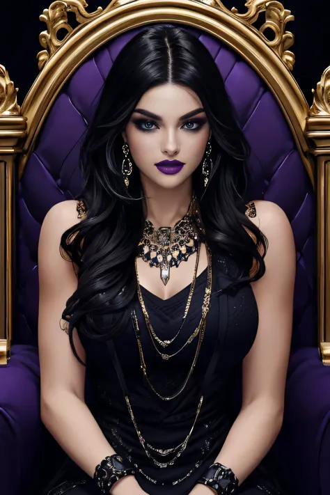 ( masterpiece, 4k resolution, ultra-realistic, very detailed) a beautiful sexy evil woman with raven black hair, purple eyes, da...