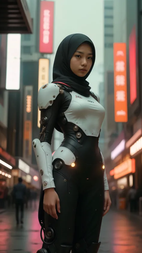 a malay teenage girl in hijab and mecha suit standing in action in front of bustling kuala lumpur malaysia city streets, serious...