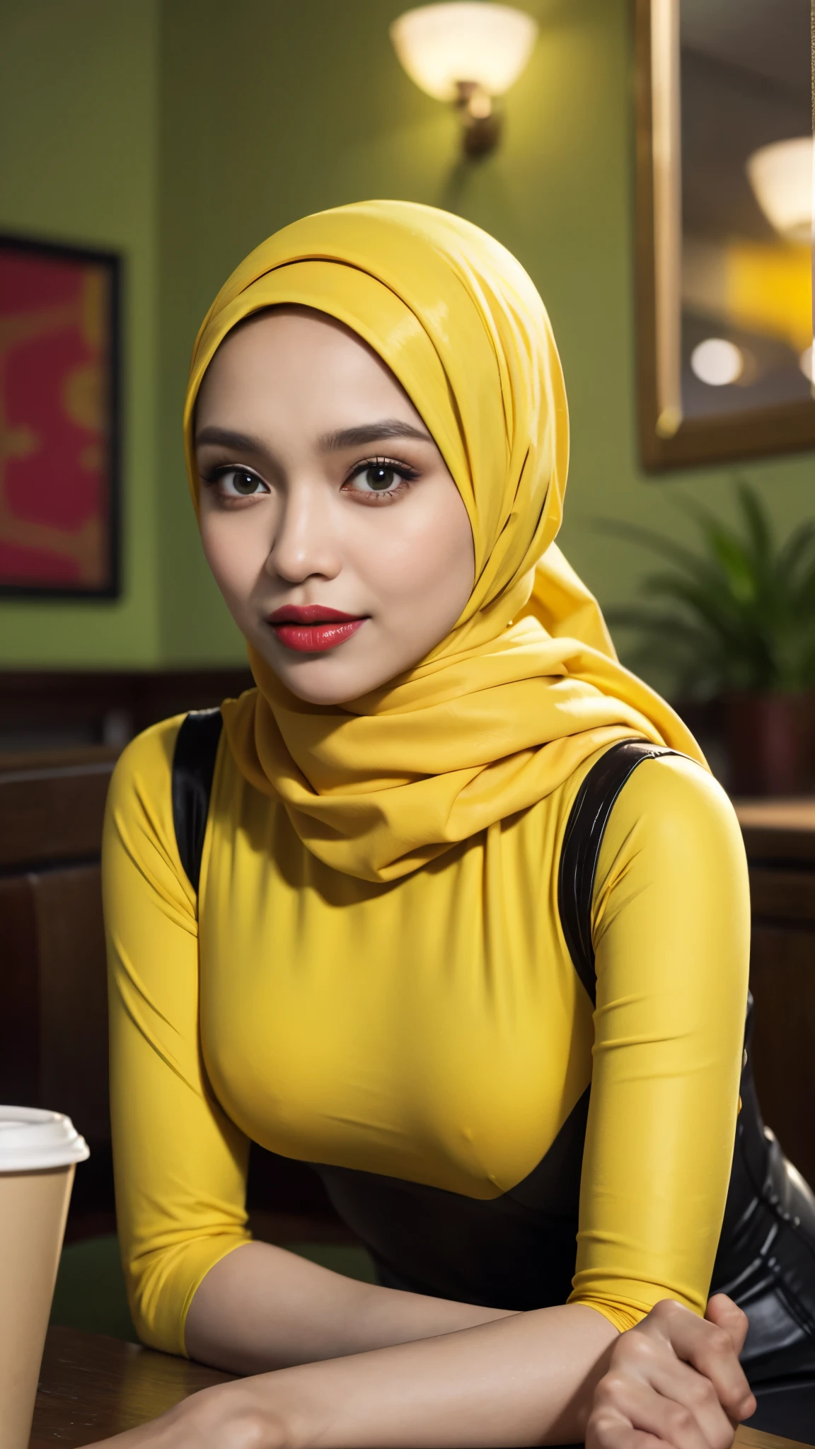 Farahine, Le corps entier d&#39;une femme malaisienne de 33 ans est assis devant un miroir géant, porter le hijab, porter un justaucorps jaune moutarde, mou vert soyeux, taille fine, prise de vue en intérieur, regardant le panneau du café, Éclairage doux, visage souriant, cercle bokeh , gros seins, passerelle, matin, entouré d&#39;un confortable, Ambiance cool, regarder le spectateur. (détails de la peau:1.3), mains poilues, hijab, Mince, lèvres rouges, séduisant avec fond de caméra bokeh