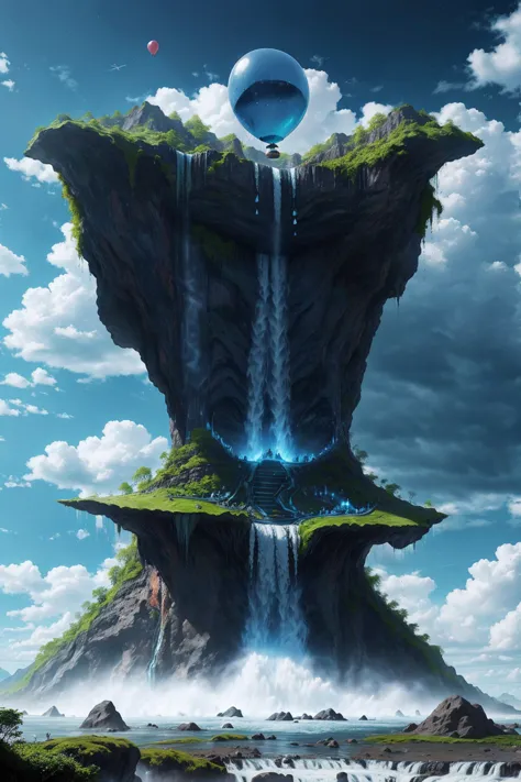 giant blue balloon, waterfall floating on balloons, magnificent clouds, blue theme, epic waterfall, in another planet