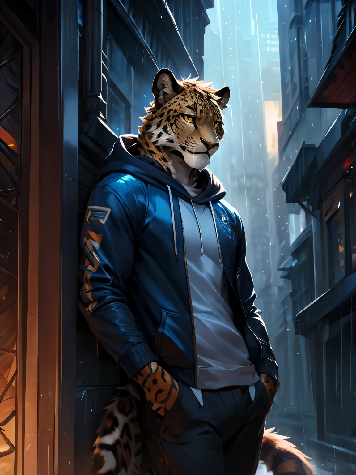 4k, ,8K, A high resolution, best quality, perfect colors, perfect shadows, perfect lighting, posted on e621, (by Chunie, by canyne khai, by t.y.starale), male, furry, Leopard anthro, solo, yellow eyes, (Realistic eye details 1.2), night city, rain, (Realistic Rain detail), Streetwear Hoodie wear, Full body like, Slim body, leaning against the wall, dramatic lighting, soft lighting, day, highly detail, Hair coiled, delight, Standing up position, cool pose charm, Abstract beauty, centre, Looking at the camera, Facing the camera, nearing perfection, Dynamic, highly detailed, illustration, (Realistic background), (Leopard Tail), ((Bonifasko lighting)), (Detailed eyes), perfect pupils, detail eyes, detail fluffy fur, (seductive face:1.2), fit body, Looking at the camera,, fit body, perfect male figure, Detailed fur, Detailed face, Perfect face, Detailed background, (Complex),  (Super Detail), (Ultra Clear), (Best Quality)