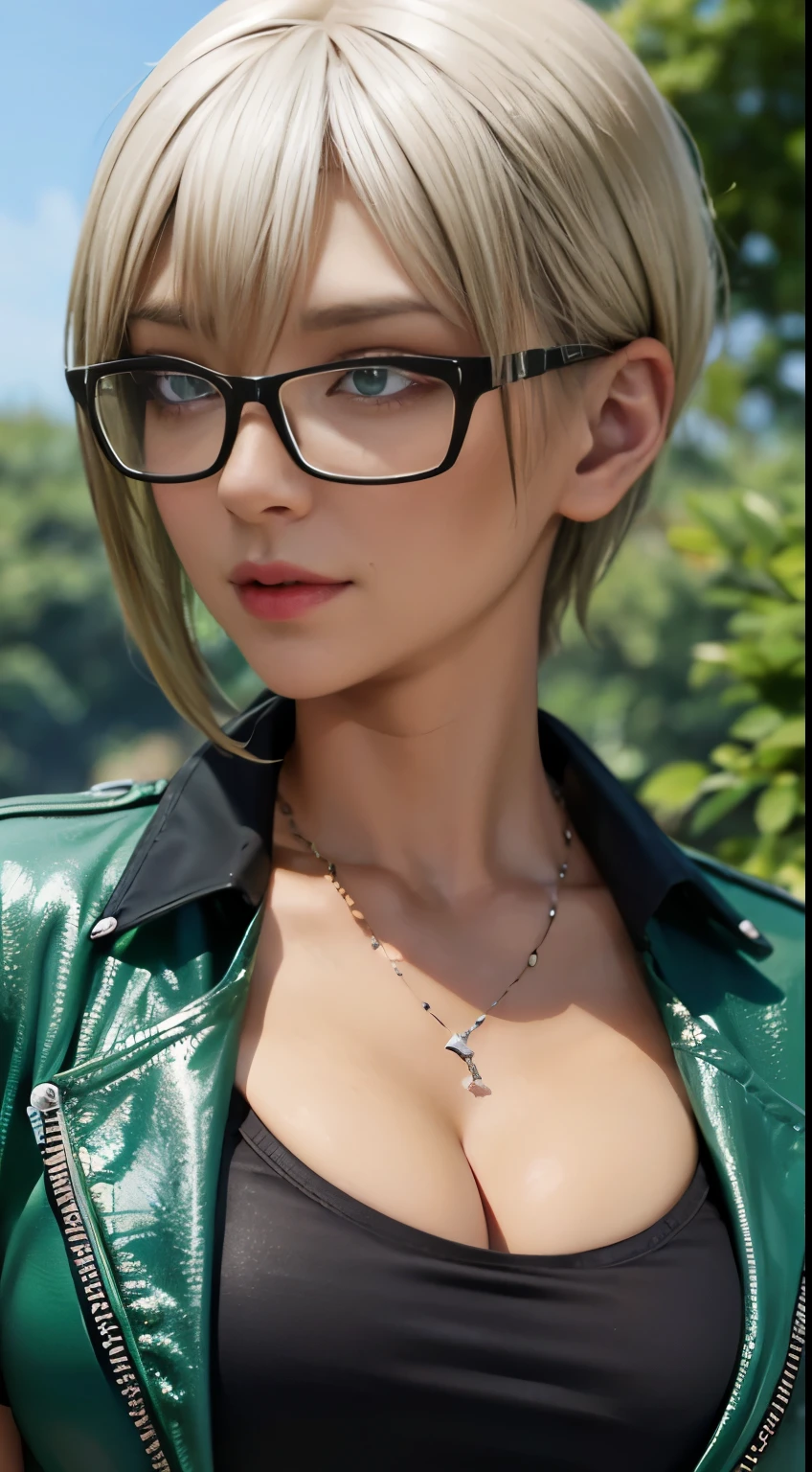 Chica punk con gafas y camisa negra, Fondo borroso de hierba verde y árboles, pelo castaño y corto, cara detallada, alta calidad, alta resolución