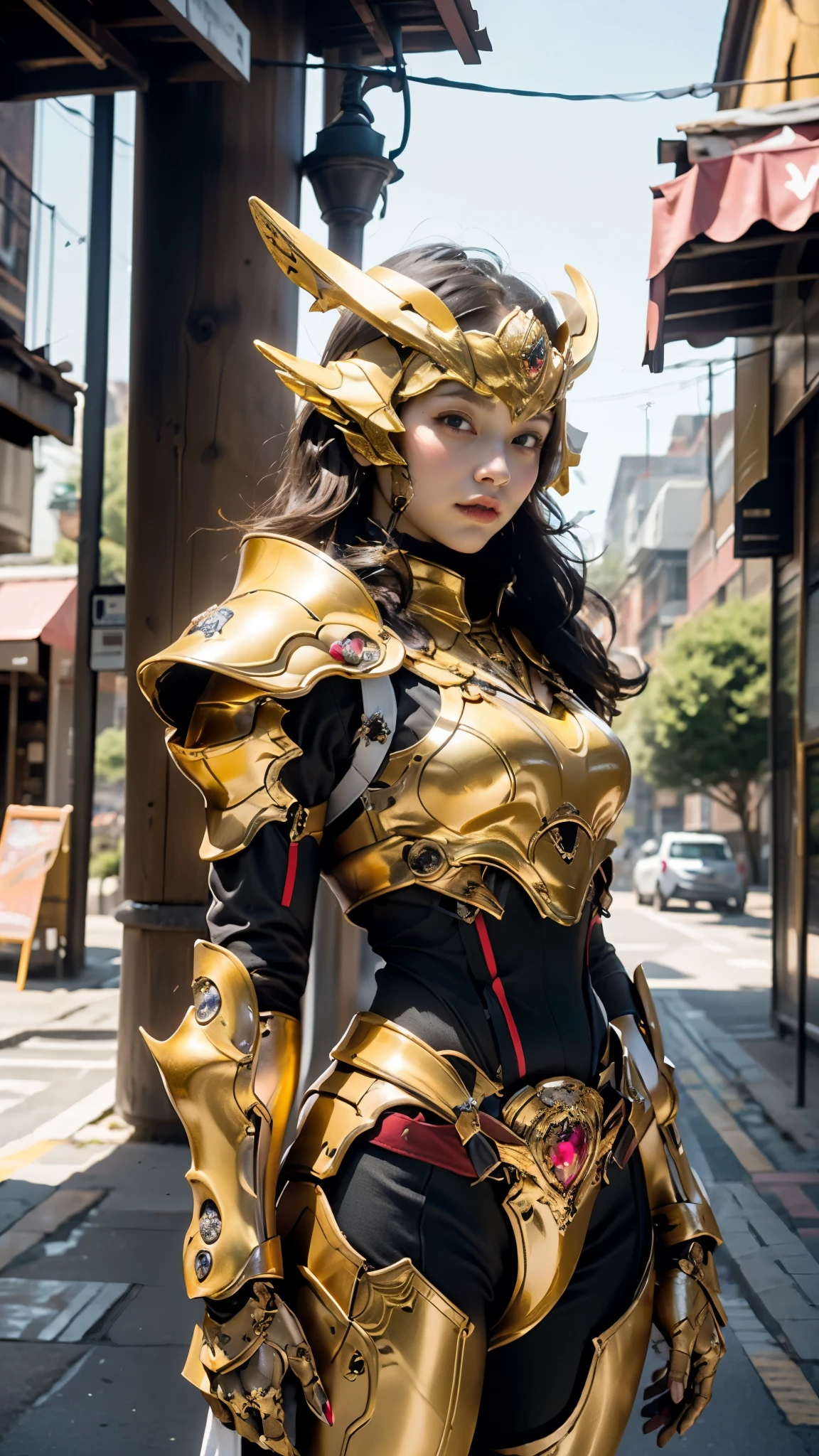 A woman in fantasy-style full body armor, A fully enclosed helmet with a crown concept that only exposes the eyes., composite layered chest plate, Fully wraps the shoulder guard and hand guard, lightweight lumbar armor, Perfect fit shin guard, Overall design is sturdy yet flexible, ((armor shines gold, Complemented by red and blue accents)), gives off a noble aura, She is floating above a fantastic and surreal high-tech city, This character is、Elaborately crafted fantasy and surreal style armored heroes embody in anime style。, Exquisite and mature manga art style, (Combining queen bee and spider concept armor), ((Nordic, elegant, goddess, woman:1.5)), metallic, High resolution, highest quality, High resolution, super detailed, Ultra-fine painting, very delicate, Professional, anatomically correct, symmetrical face, highly detailed eyes and face, high quality eyes, creativity, RAW photo, Hmm, 32k, Natural light, cinematic lighting, masterpiece-anatomy-perfect, masterpiece:1.5