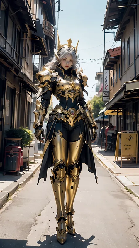 A woman adorned in fantasy-style full-body armor, a crown-concept fully enclosed helmet that unveils only her eyes, a composite ...