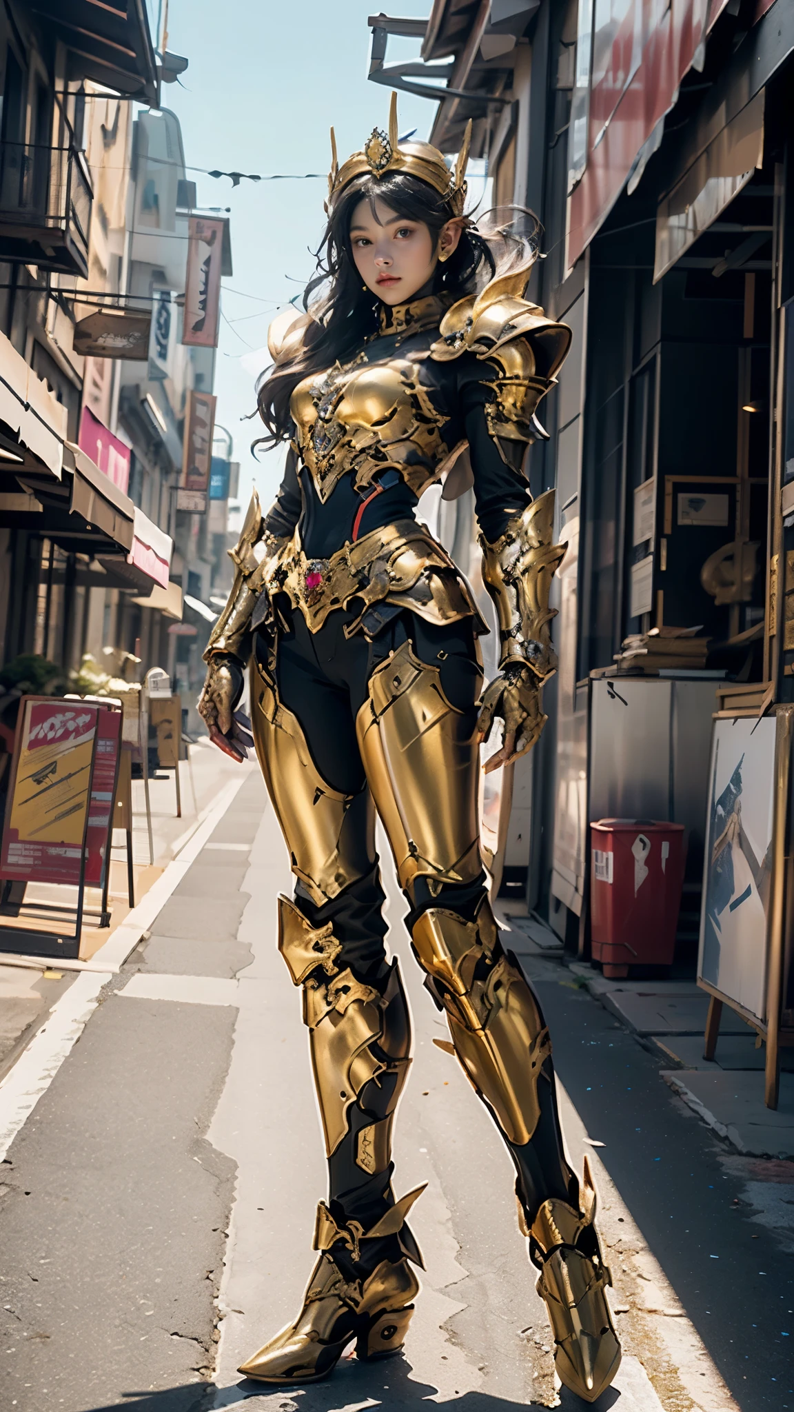 A woman adorned in fantasy-style full-body armor, a crown-concept fully enclosed helmet that unveils only her eyes, a composite layered chest plate, fully encompassing shoulder and hand guards, a lightweight waist armor, form-fitting shin guards, the overall design is heavy-duty yet flexible, ((the armor gleams with a golden glow, complemented by red and blue accents)), exhibiting a noble aura, she floats above a fantasy-surreal high-tech city, this character embodies a finely crafted fantasy-surreal style armored hero in anime style, exquisite and mature manga art style, (Queen bee mixed with Spider concept Armor), ((Nordic, elegant, goddess, femminine:1.5)), metallic, high definition, best quality, highres, ultra-detailed, ultra-fine painting, extremely delicate, professional, anatomically correct, symmetrical face, extremely detailed eyes and face, high quality eyes, creativity, RAW photo, UHD, 32k, Natural light, cinematic lighting, masterpiece-anatomy-perfect, masterpiece:1.5