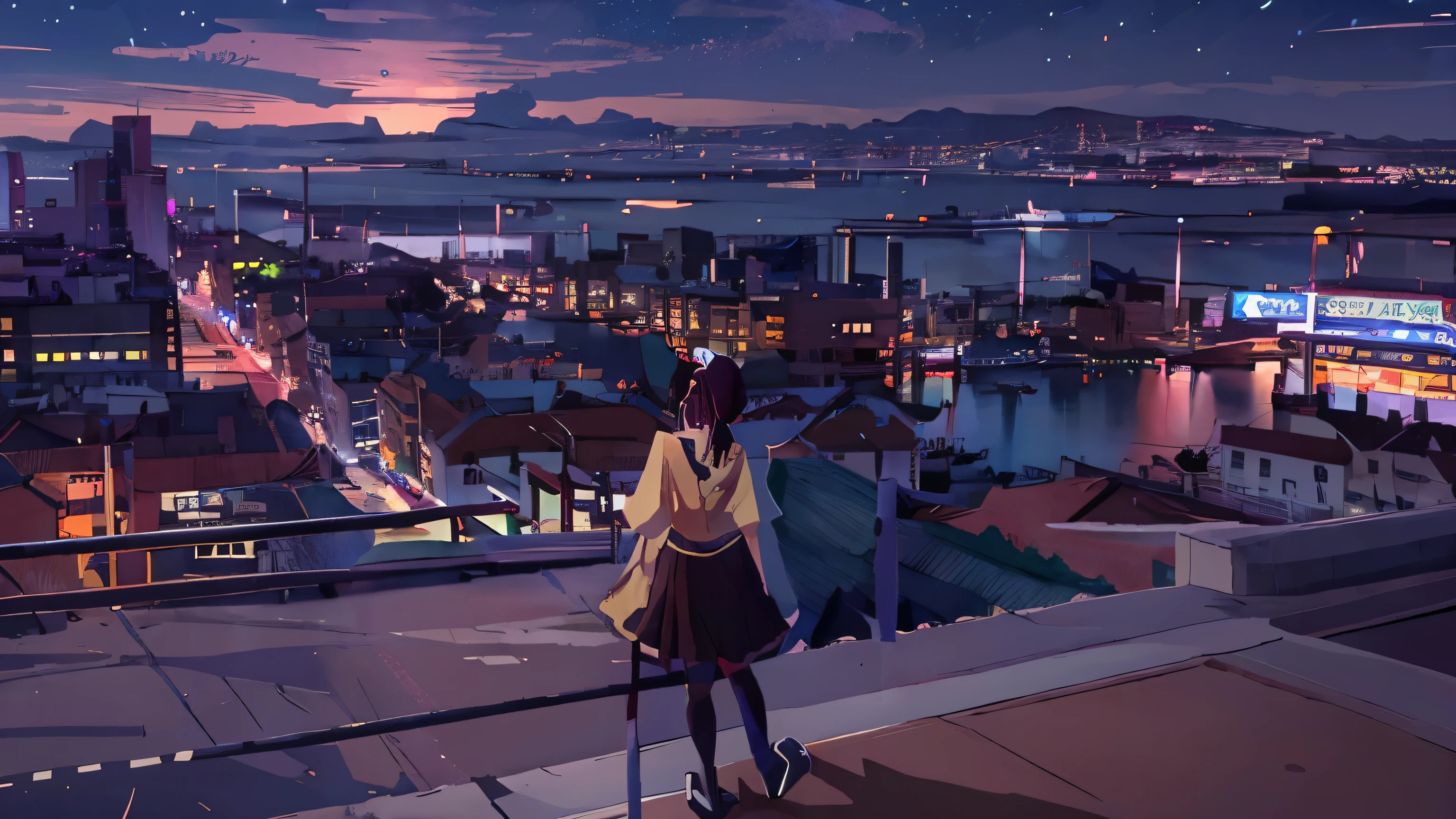 Anime girl looking at the city at night, anime aesthetics, anime wallpaper 4k, anime wallpaper 4k, lofi girl, anime art wallpaper 4k, anime art wallpaper 4k, 4k anime wallpaper, anime atmosphere, anime art wallpaper 8k, anime background art, anime background, style of alena aenami, 80年代のanime atmosphere, beautiful anime scene