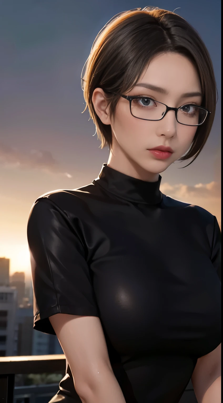 Calidad 4K、最alta calidadの傑作、Chica punk con gafas finas y una camisa negra., (maquillaje pesado), Fondo borroso de la ciudad al amanecer, cabello corto, cara detallada, alta calidad, alta resolución、(Toma completa:1.8), pechos grandes、