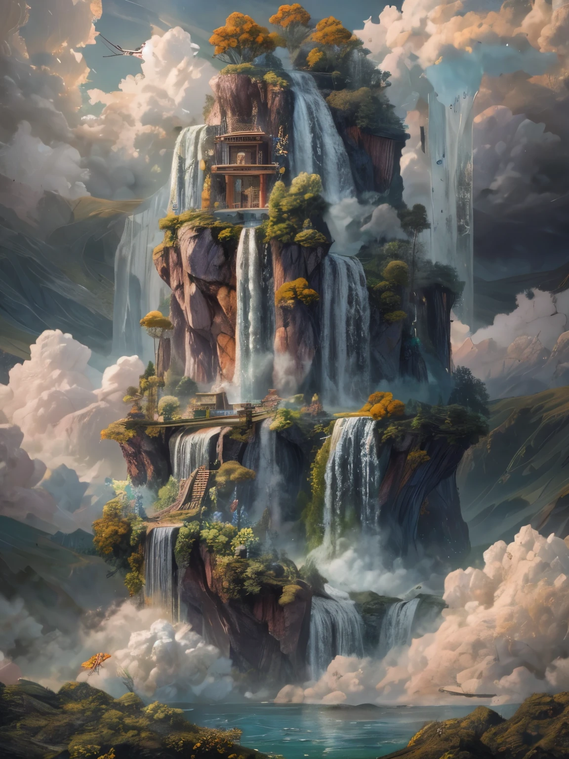 (La best quality,high resolution,super detailed,actual),Lovely knitted waterfall，There is a green waterfall between the clouds，In the sky（（（A masterpiece full of fantasy elements）））， （（best quality））， （（intricate details））（8k）