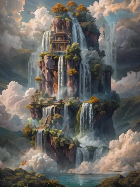 (La best quality,high resolution,super detailed,actual),Lovely knitted waterfall，There is a green waterfall between the clouds，I...