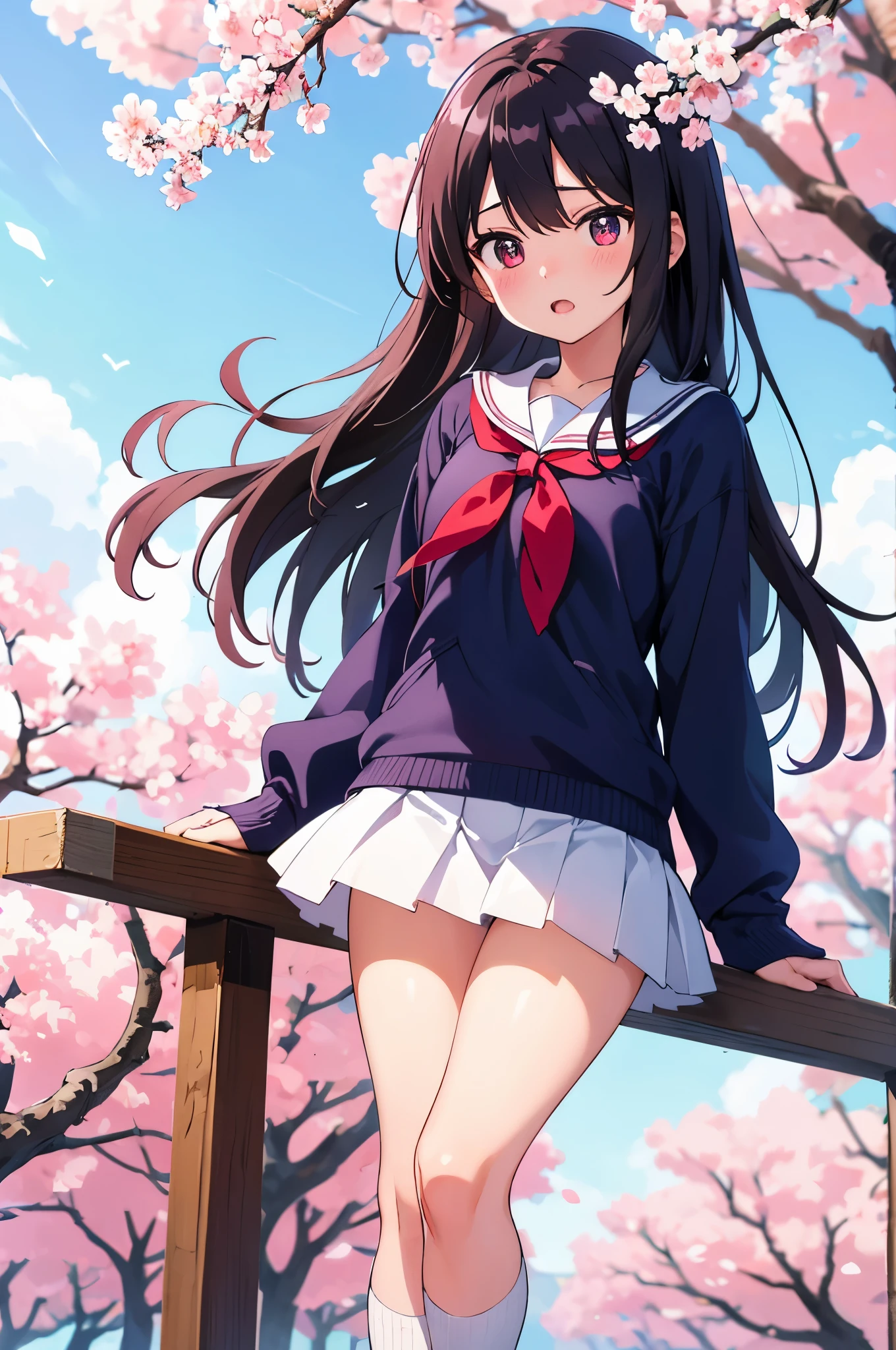 Rows of cherry blossom trees in the park　Cherry blossom trees in full bloom　elementary school girl　8-year-old　flat chest　black hair　long hair　eyes are purple　（（1 person））　White upper body long sleeve sailor uniform　Lower body navy blue miniskirt　white panties　white socks　sports boots　standing on a tree-lined avenue　look up　spread your legs a little（（I can see white panties））　from the front　dynamic angle　Low - Angle