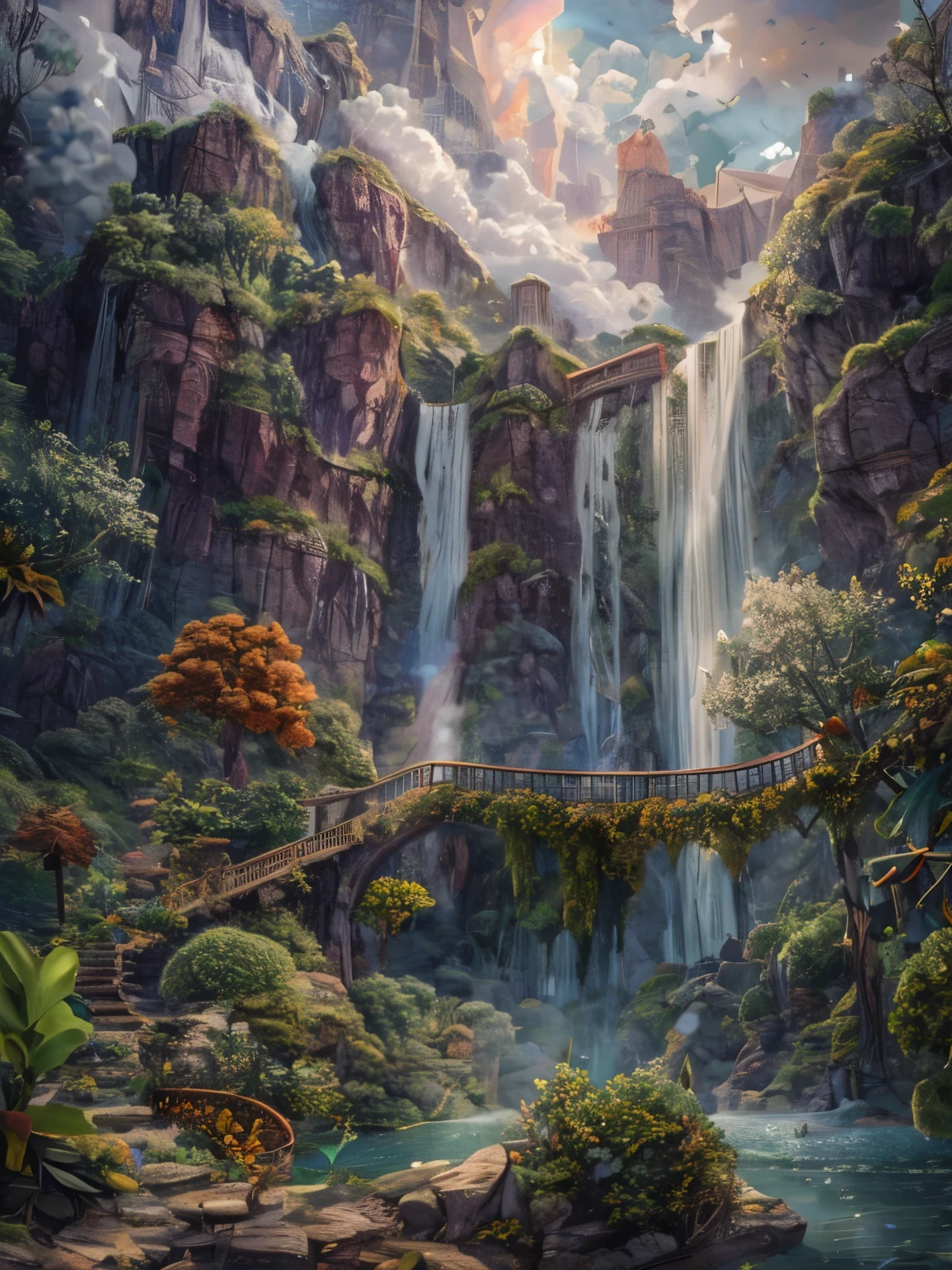 (La best quality,high resolution,super detailed,actual),Lovely knitted waterfall，There is a green waterfall between the clouds，In the sky（（（A masterpiece full of fantasy elements）））， （（best quality））， （（intricate details））（8k）