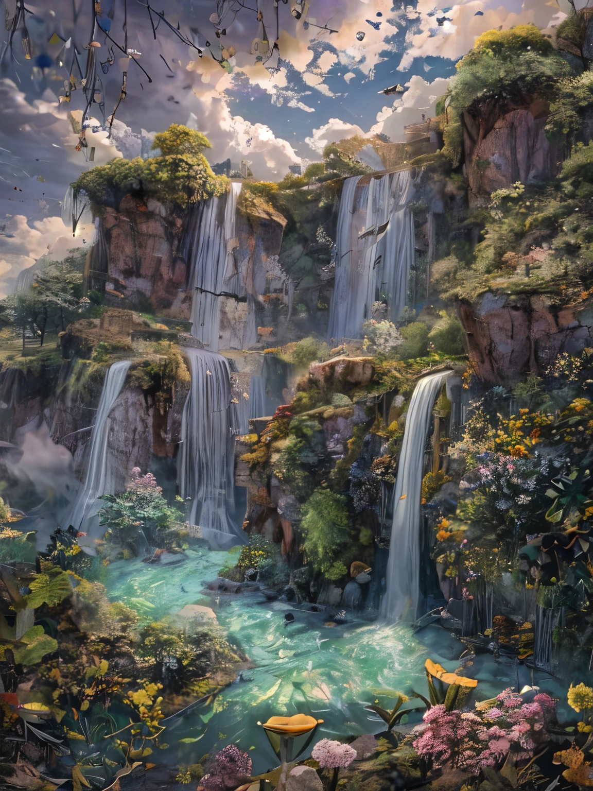 (La best quality,high resolution,super detailed,actual),Lovely knitted waterfall，There is a green waterfall between the clouds，In the sky（（（A masterpiece full of fantasy elements）））， （（best quality））， （（intricate details））（8k）