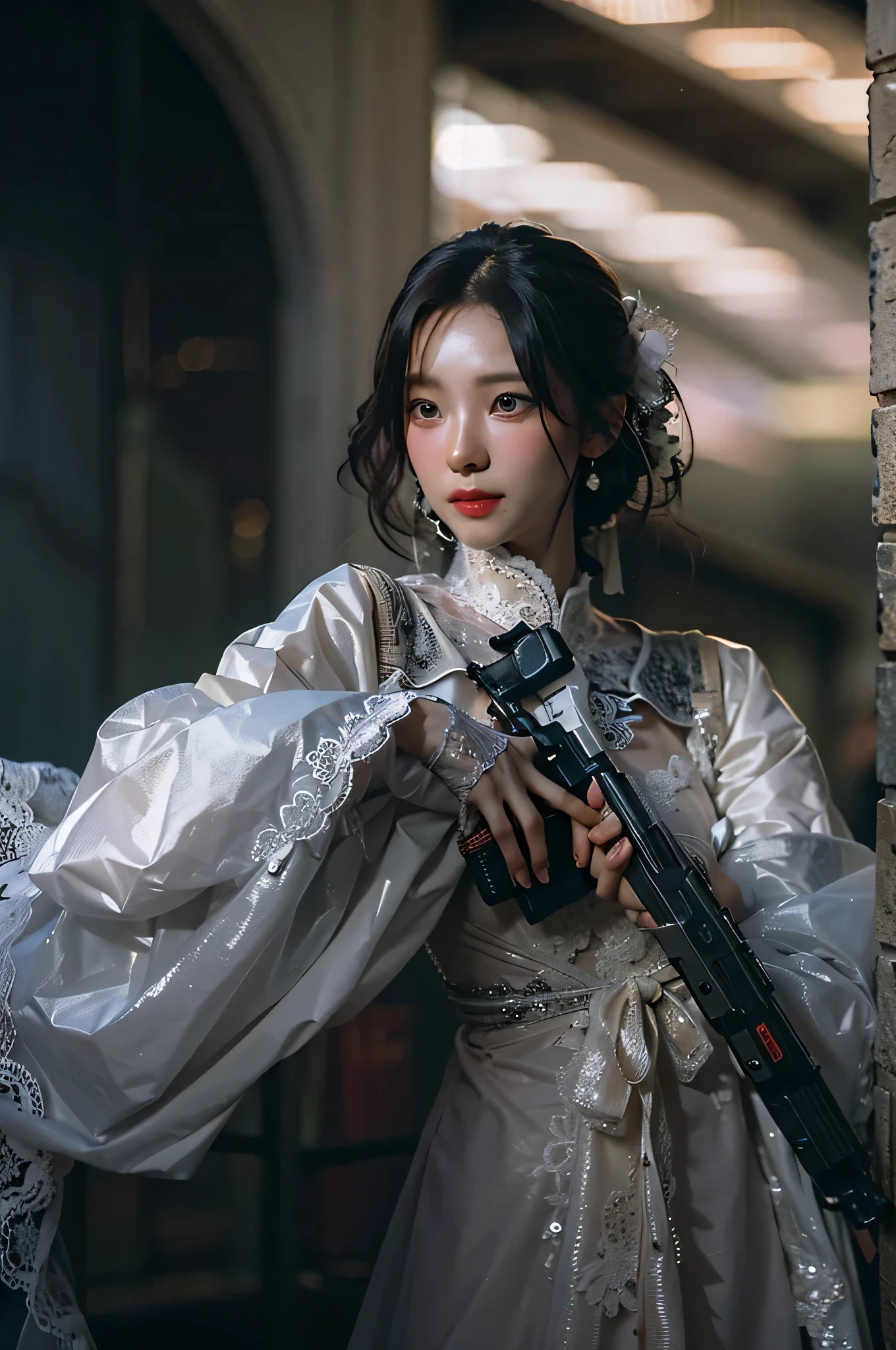 (highest image quality), (masterpiece), (vibrant, photography realistic, Realistic, Dramatic, Dark, Sharp focus, 8K), Close up Face, Highly detailed face and skin texture, sexy wedding dress, ethereal beauty, mature asian woman,black long hair, make up, sexy smile, nsfw ,Close up shot, ((backlight)), holding the gun, secret agent