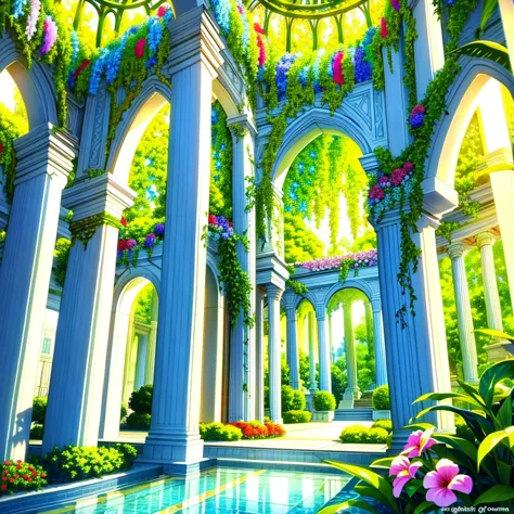 , [Garden of Eden scene reimagined]. A peaceful paradise with lush greenery and vibrant flora, Decorated with marble columns and...