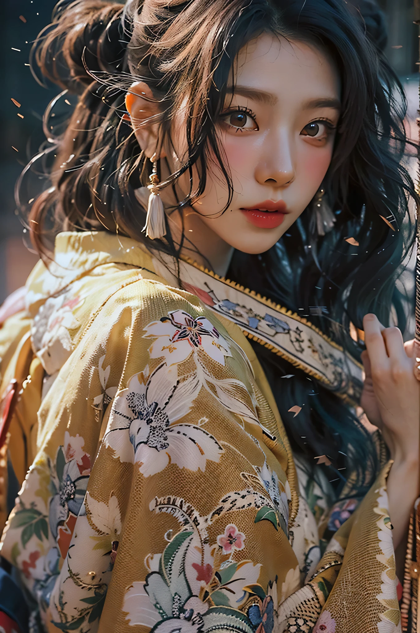 (Qualité d&#39;image la plus élevée), (chef-d&#39;œuvre), (vibrant, photography réaliste, réaliste, Spectaculaire, sombre, netteté, 8k), visage en gros plan, Texture du visage et de la peau très détaillée, kimono rose sexy, beauté éthérée, Femme asiatique mature,cheveux longs noirs, Se maquiller, sourire sexy, NSFW ,photo en gros plan, ((rétroéclairage)), tenir le pistolet, agent secret, poses dynamiques, réaliste