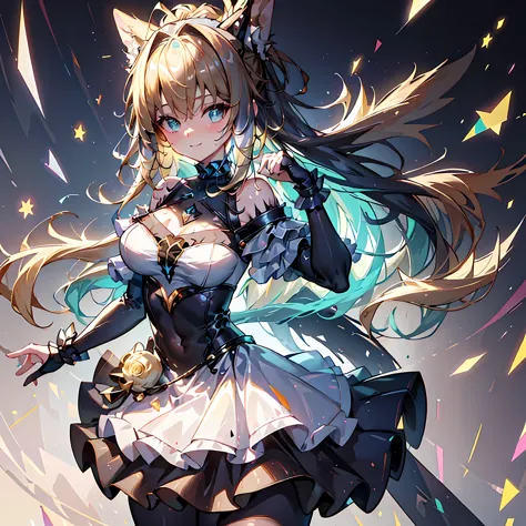 (glitters:0.9), (Sparkle:0.9), (Shine:0.9), (Best quality), (Masterpiece:1.2), (Anime style),Idol girl，Extremely colorful，Colorful，Beautiful and delicate face and hair，Complete body，Black and white double ponytail，Lolita dress，Lace，folds，Ruffles， stockling...