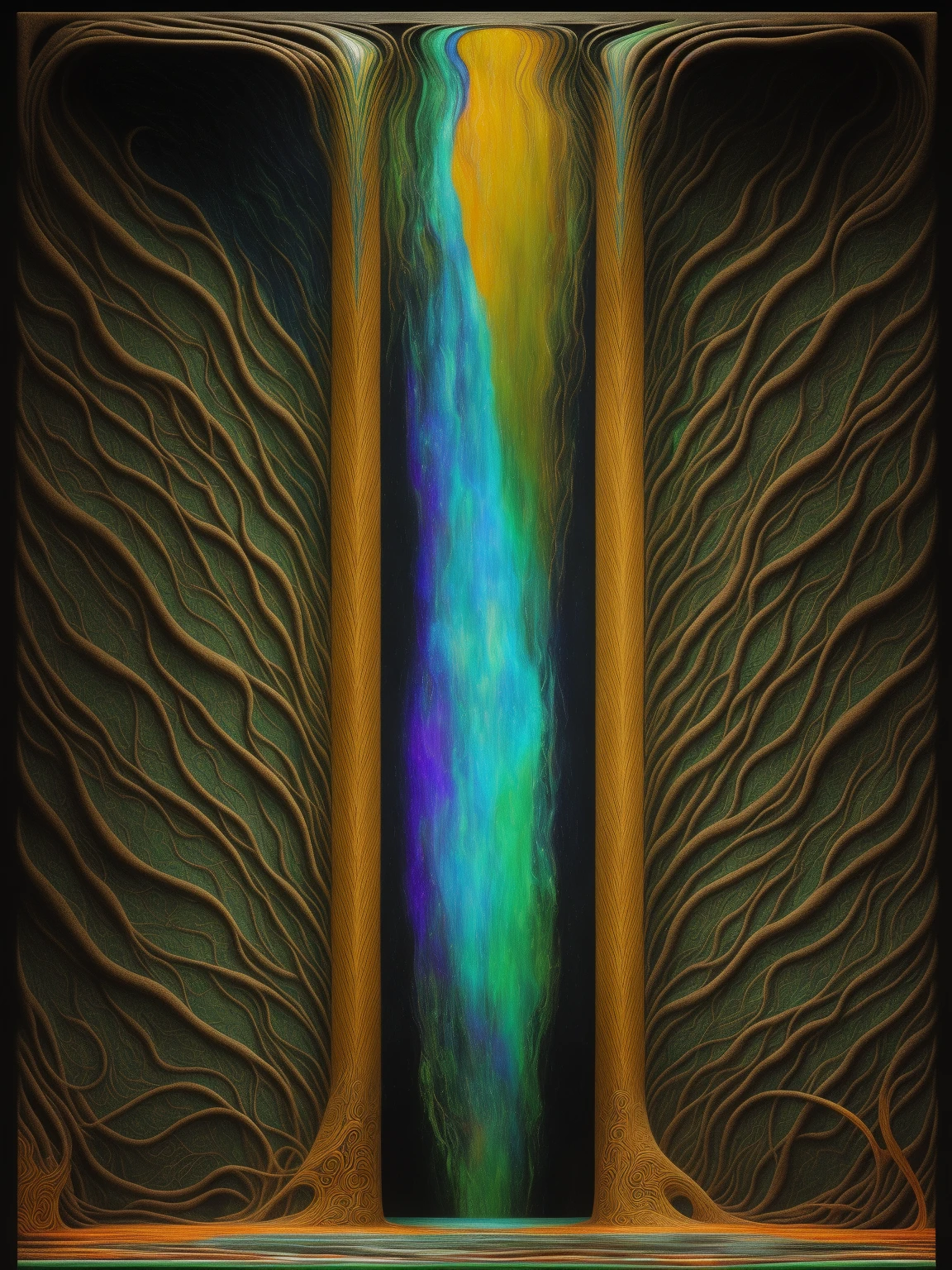 waterfall upwards, levitating water, like an ever flowing stream, water falling into the sky, waves, William Blake, visionary art, New Age art, computer art, (Eyvinde Earle), JRR Tolkien, ((Tyler Hobbs)), aboriginal artwork, Hilma af Klint, dreamtime, falling up, organic abstract geometric artwork, burn marks, (HR Giger), Sol Lewitt, intricate, tryptophobia, art nouveau, expired film, death metal album cover, altars of madness, (abstract ukiyo-e), contrast, shadows, houdini, ambient occlusion, subsurface scattering, depth of field, redshift, octane, 8K, high resolution render, forest green, yellow, orange, indigo, amber, intricate, hyper-realistic, endless voids, elden ring style, modern disney style, nousr robot, pinhole camera, illuminati, ancient glyphs, incredibly complex!, nikon, DLSR, NERF
