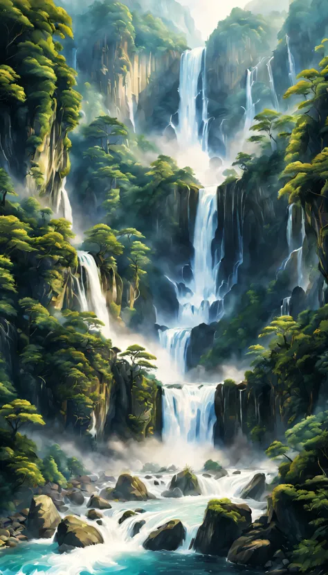 Draw the waterfall where Ryujin lives,Ryujin,white dragon,huge waterfall,waterfall close-up,big waterfall,Abundant water,tall wa...