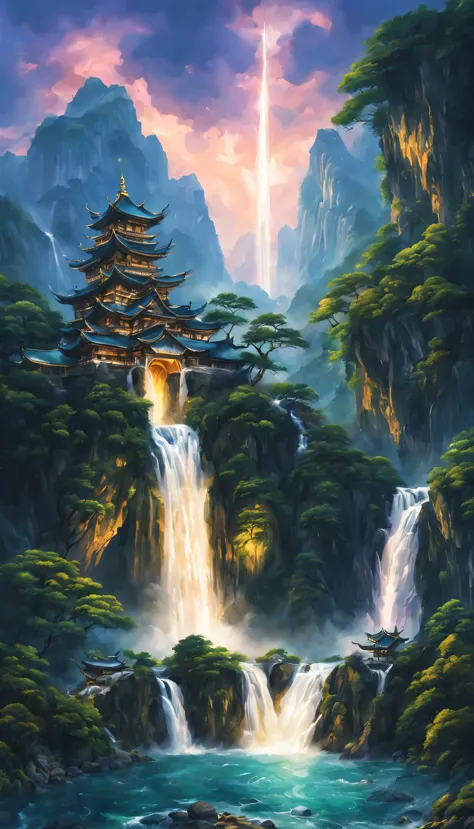 Draw a waterfall where the dragon god lives,A dragon god with only his face exposed from the basin of a waterfall.,white dragon,...