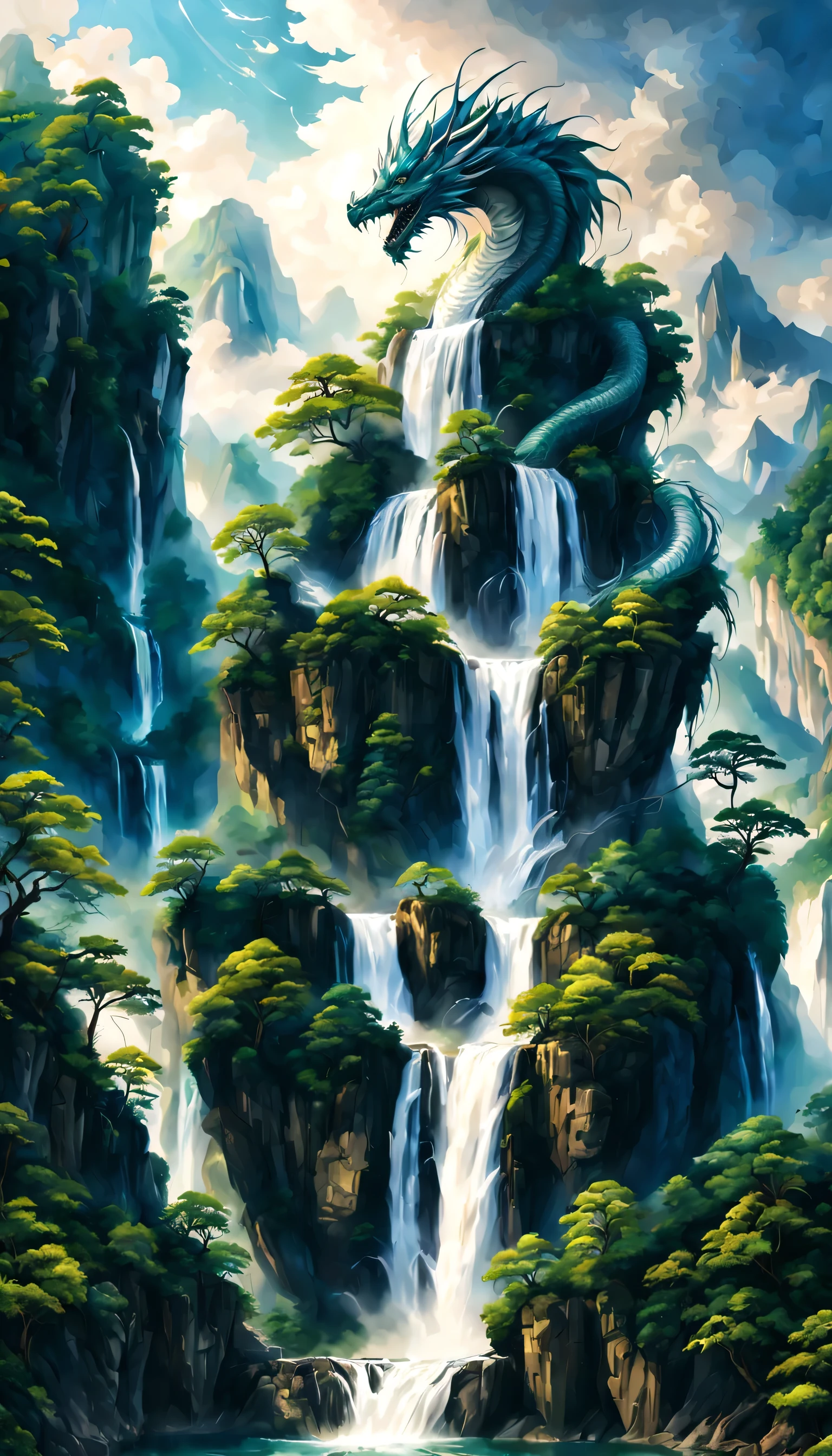 Draw a waterfall where the dragon god lives,A dragon god with only his face exposed from the basin of a waterfall.,white dragon,huge waterfall,waterfall close-up,big waterfall,Abundant water,tall waterfalls,dynamic,fantasy,Nice views,lush green,beautiful空,hydrogen ion,light effect,highest quality,masterpiece,beautiful,splash of water,pure water,Sparkling,beautiful光と影,fantasy,digital art,Japanese painting elements,ink painting elements