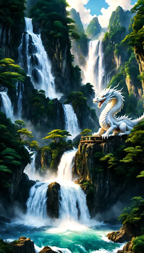 Draw a waterfall where the dragon god lives,A dragon god with only his face exposed from the basin of a waterfall.,white dragon,...
