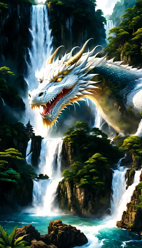 Draw a waterfall where the dragon god lives,A dragon god with only his face exposed from the basin of a waterfall.,white dragon,...