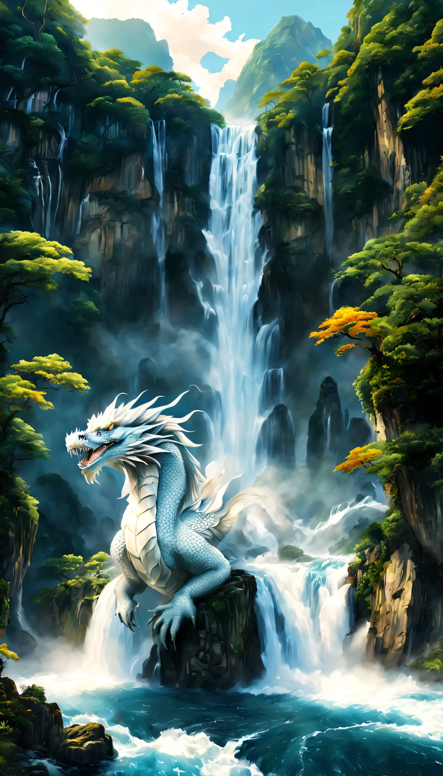 Draw a waterfall where the dragon god lives,A dragon god with only his face exposed from the basin of a waterfall.,white dragon,huge waterfall,waterfall close-up,big waterfall,Abundant water,tall waterfalls,dynamic,fantasy,Nice views,lush green,beautiful空,hydrogen ion,light effect,highest quality,masterpiece,beautiful,splash of water,pure water,Sparkling,beautiful光と影,fantasy,digital art,Japanese painting elements,ink painting elements