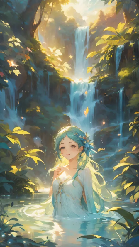 spiritの住む滝つぼと滝を作成します,spirit:woman:17 years old:cute:thin costume:water effects:perfect face:manipulate water,huge waterfall,wate...