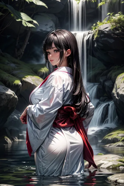 One woman, dressed in traditional (white Japanese attire:1.2), (fully clothed:1.2), stands under a towering waterfall during the...