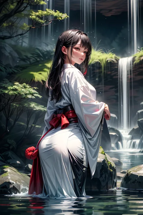 One woman, dressed in traditional (white Japanese attire:1.2), (fully clothed:1.2), stands under a towering waterfall during the...