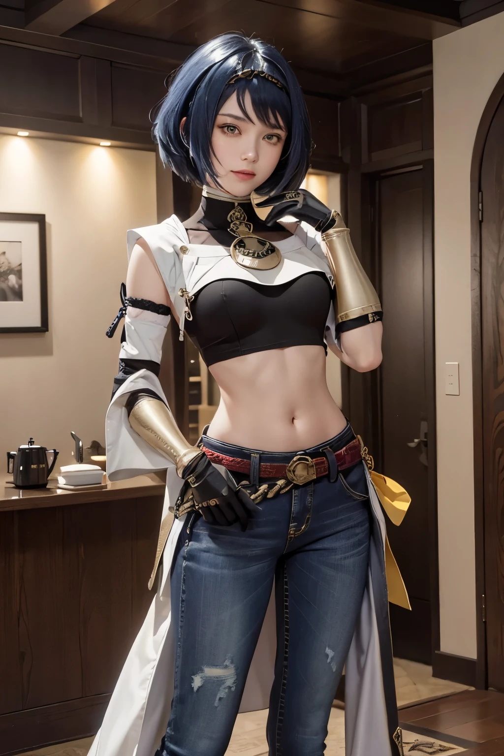 Long jeans, iron belt, ((midriff, navel)), smile, looking at viewer, hotel room, standing, hand on hip, (cinematic lighting, best quality, masterpiece, high details, best quality, highres, HD, 4K, 8k, super detail), best quality, masterpiece, (kujou sara:1.3), mask on head, blue hair, short hair, yellow eyes, tassel, gloves