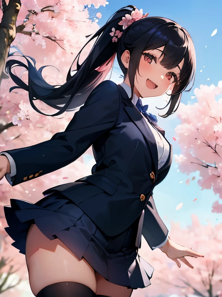 ((masterpiece)), ((best quality)), ((ultra-detailed)), 1girl, blue blazer, black hair, ponytail, long hair, smile, looking at viewer, cherry blossom petals background, falling cherry blossom petals, zettai ryouiki, face focus, from below, sky, hair flower, open mouth, reaching out, :d, stylish pose, forward hands, five fingers,