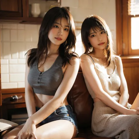 identical twin sisters、realistic、realistic skin texture、automatic rifle、tattoo