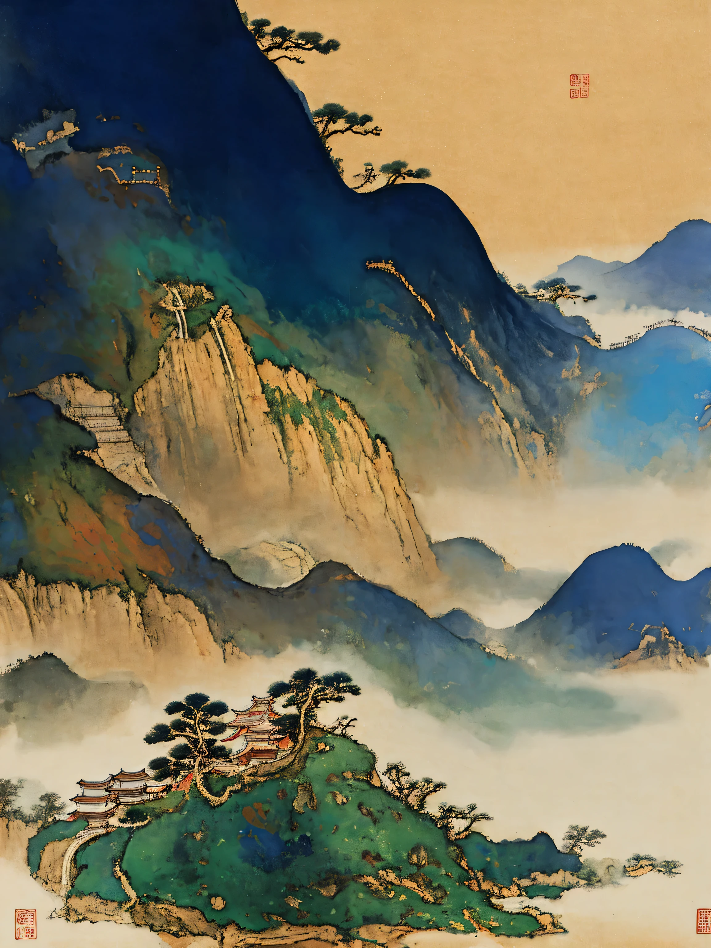 Close-up of mountains with sky as background, Chinese scenery,,Song, author：Wang Ximeng,  Chinese style painting, Chinese Arts, fushan, Ming Dynasty, Inspired by Ma Lin