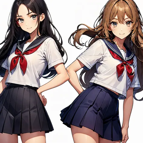 high quality,((2girls,chyuri,snuggling,smile)),Japanese high school student,short sleeve sailor school uniform,