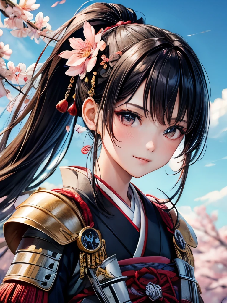 ((masterpiece)), ((best quality)), ((ultra-detailed)), 1girl, samurai, Japanese clothes armor, dynamic angle, black hair, ponytail, long hair, smile, looking at viewer, cherry blossom petals background, falling cherry blossom petals, face focus, front view, sky, hair flower, portrait, stylish pose, 