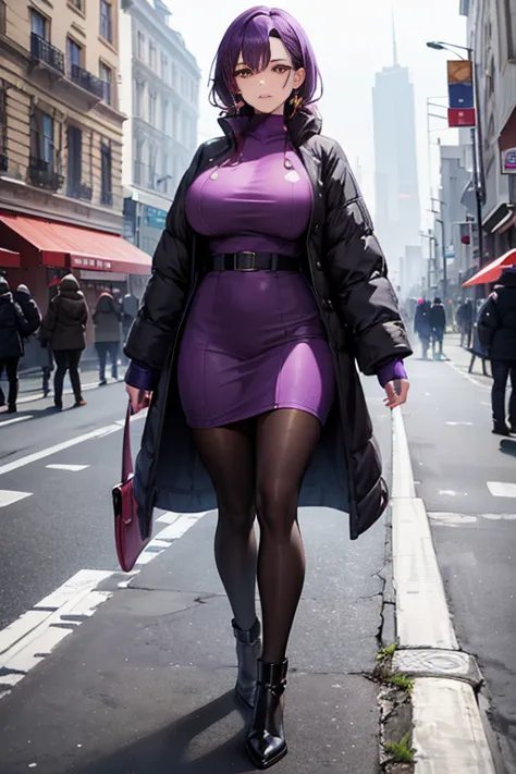 (mature woman) huge  (walking on the street tanned skin full body) sweat steam (purple hair) (bright yellow eyes) variants (((wi...